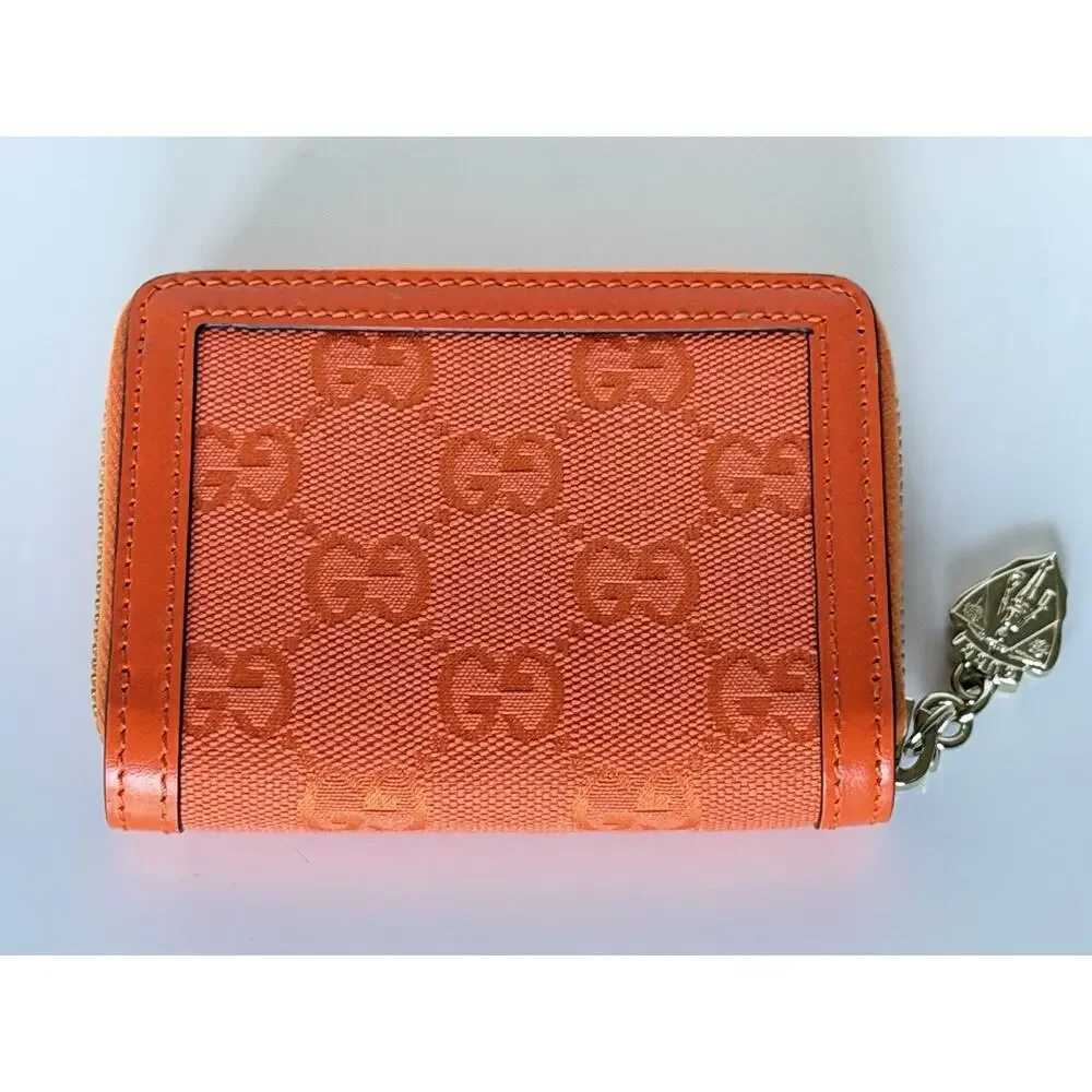 Gucci GG Print Bright Orange Zip Around Leather/Canvas Card Case Wallet IT NIB